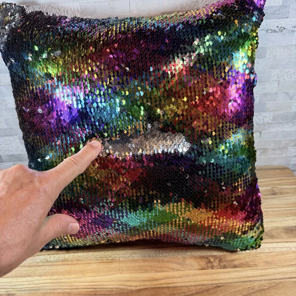Rainbow Mermaid Flip Sequin Throw Pillow Reversible Silver Black‎ Accent Cushion